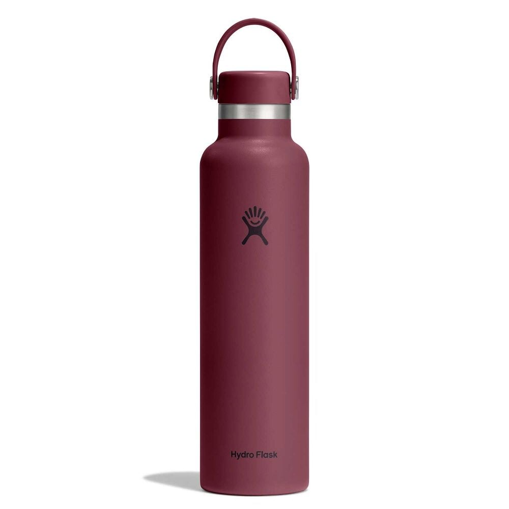 Maroon Hydro Flask wide-mouth water bottle with silver metallic band, matching cap with flexible carry handle on metal pins, matte surface, and Hydro Flask logo.
