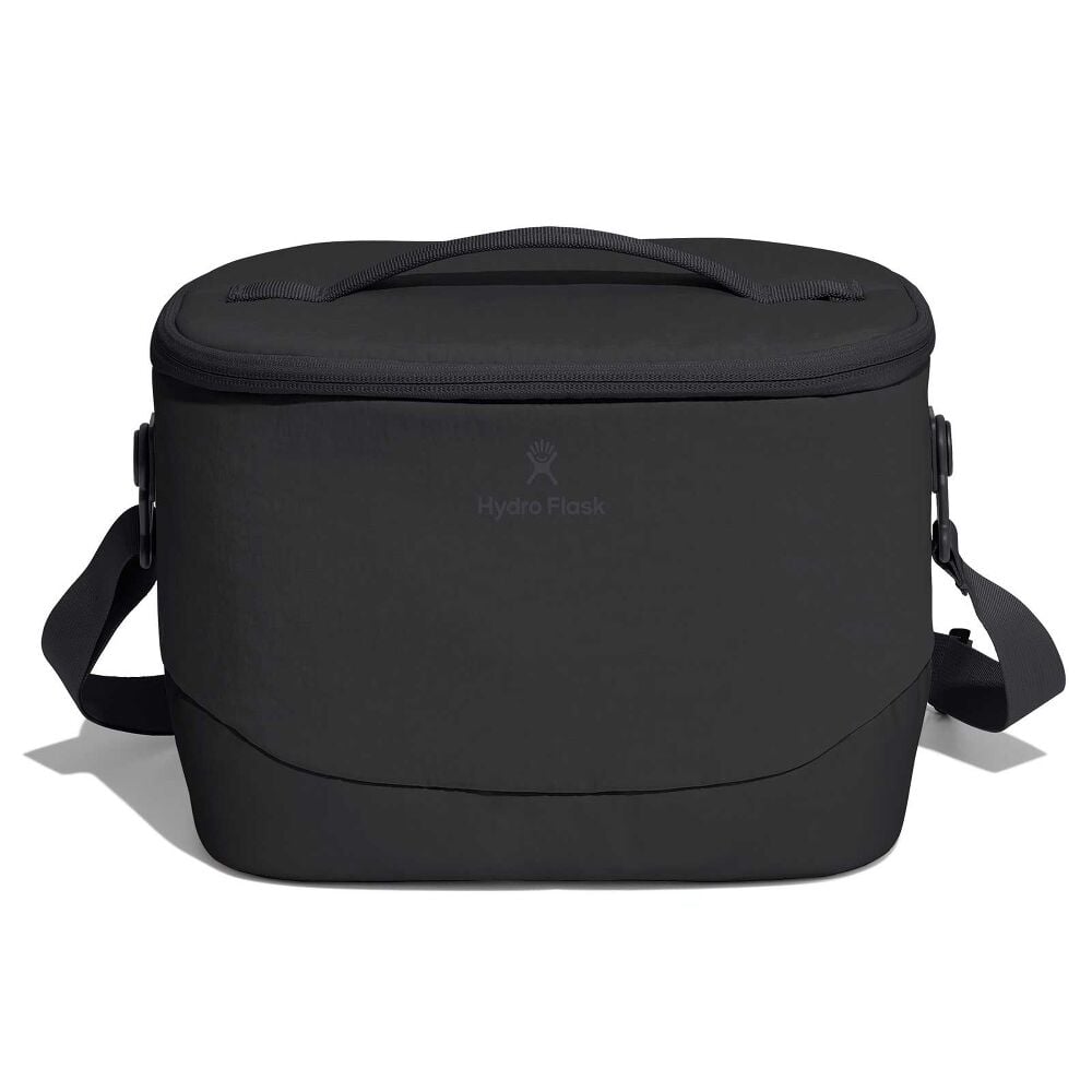 Black Hydro Flask soft-sided cooler bag with rounded rectangular shape, zippered lid, sturdy top handle, and adjustable shoulder strap with plastic clips.